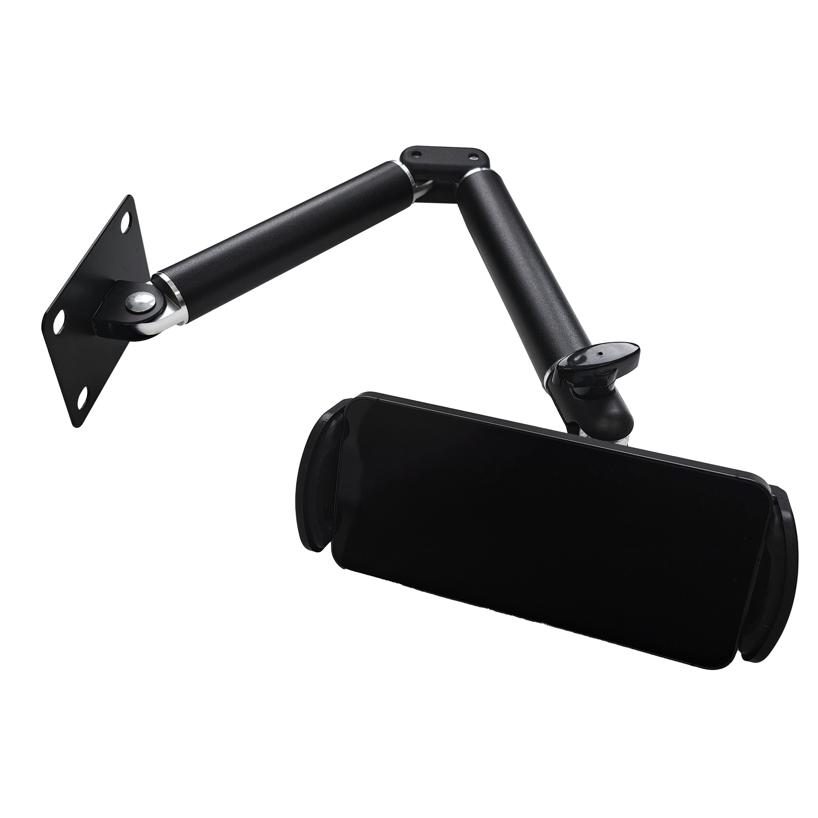 Das Bild zeigt die McDart TABFlex Tablet Wandhalterung mit flexiblem Arm. Sie besteht aus schwarzem Metall und hat einen verstellbaren Arm zur Befestigung eines Tablets an der Wand.